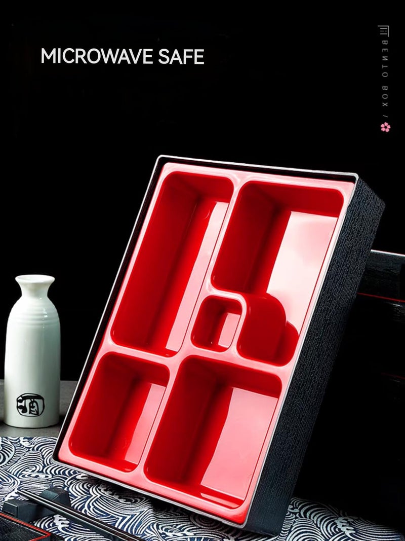 Asian Home Traditional Japanese 5 Compartment Lacquered Bento Lunch Box w. Cover L10.5" x W8.5" x D2.5" - Image 2